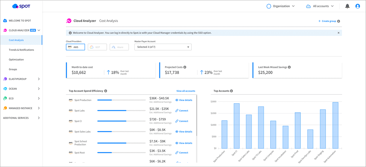 Uma captura de tela que mostra a página análise de custo no Cloud Analyzer do Spot.