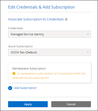 Uma captura de tela da opção de assinatura PAYGO ao criar um ambiente de trabalho do Cloud Volumes ONTAP.