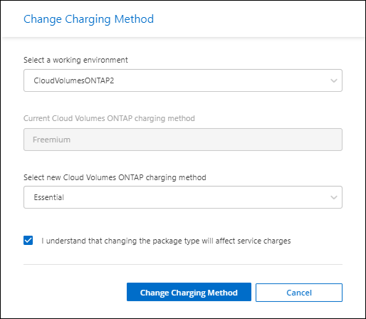 Uma captura de tela da caixa de diálogo alterar método de carregamento, na qual você escolhe um novo método de carregamento para um ambiente de trabalho do Cloud Volumes ONTAP.