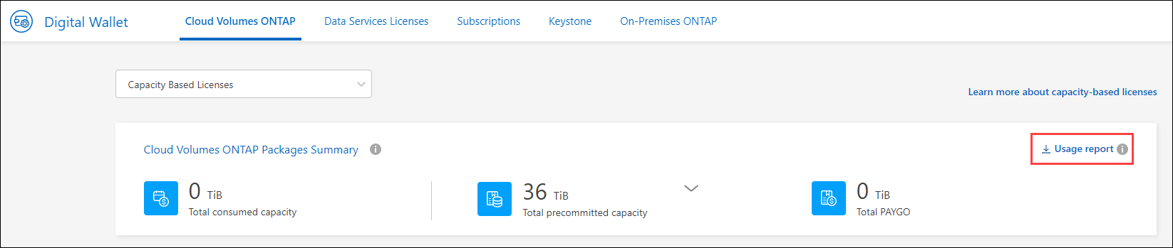 A captura de tela mostra a página de licenças baseadas na capacidade do Cloud Volumes ONTAP da carteira digital e destaca o botão de relatório de uso.