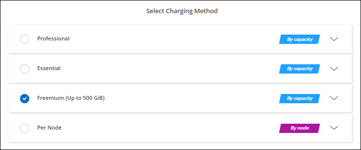 Uma captura de tela da opção Freemium ao criar um ambiente de trabalho Cloud Volumes ONTAP.