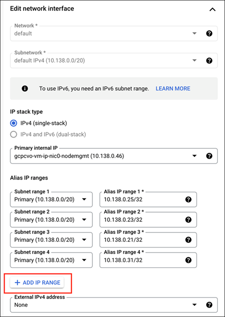 Uma captura de tela do console do Google Cloud, onde você pode editar a interface de rede do Cloud Volumes ONTAP adicionando um intervalo de IP.