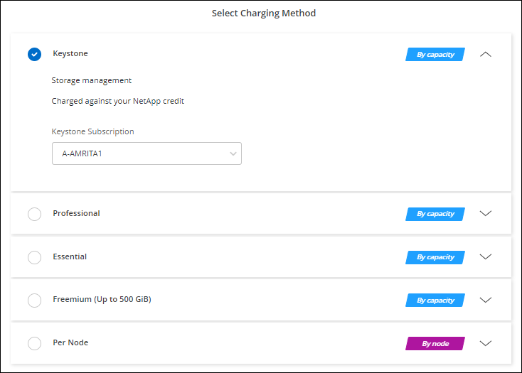 Uma captura de tela da opção de assinatura do Keystone ao criar um ambiente de trabalho do Cloud Volumes ONTAP.