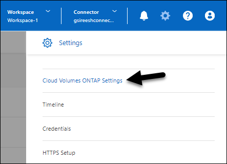 Uma captura de tela da opção Configurações do Cloud Volumes ONTAP sob o ícone Configurações.