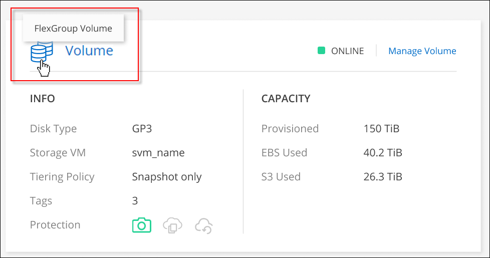 Uma captura de tela que mostra o ícone do volume FlexGroup passe o texto sob o mosaico volumes.
