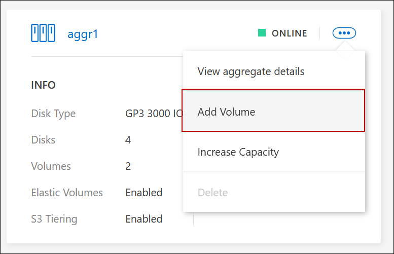 Uma captura de tela do botão Adicionar volume sob a guia agregados.