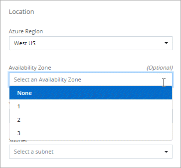 Uma captura de tela da lista suspensa zona de disponibilidade que está disponível depois de escolher uma região.