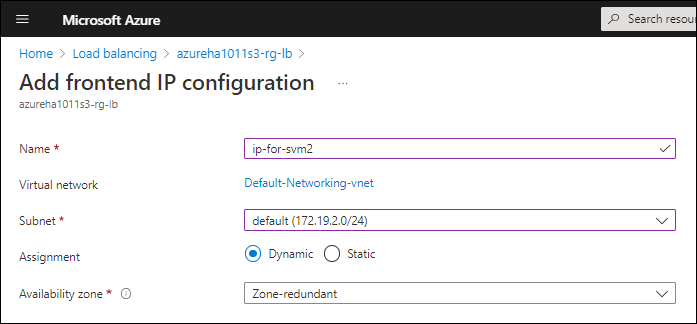 Uma captura de tela da adição de um endereço IP frontend no portal do Azure onde um nome e uma sub-rede são selecionados.