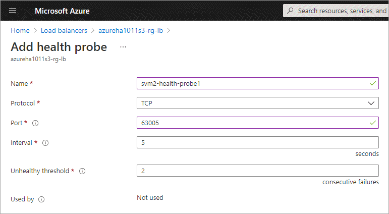 Uma captura de tela da adição de uma sonda de integridade no portal do Azure onde um nome e uma porta são inseridos.