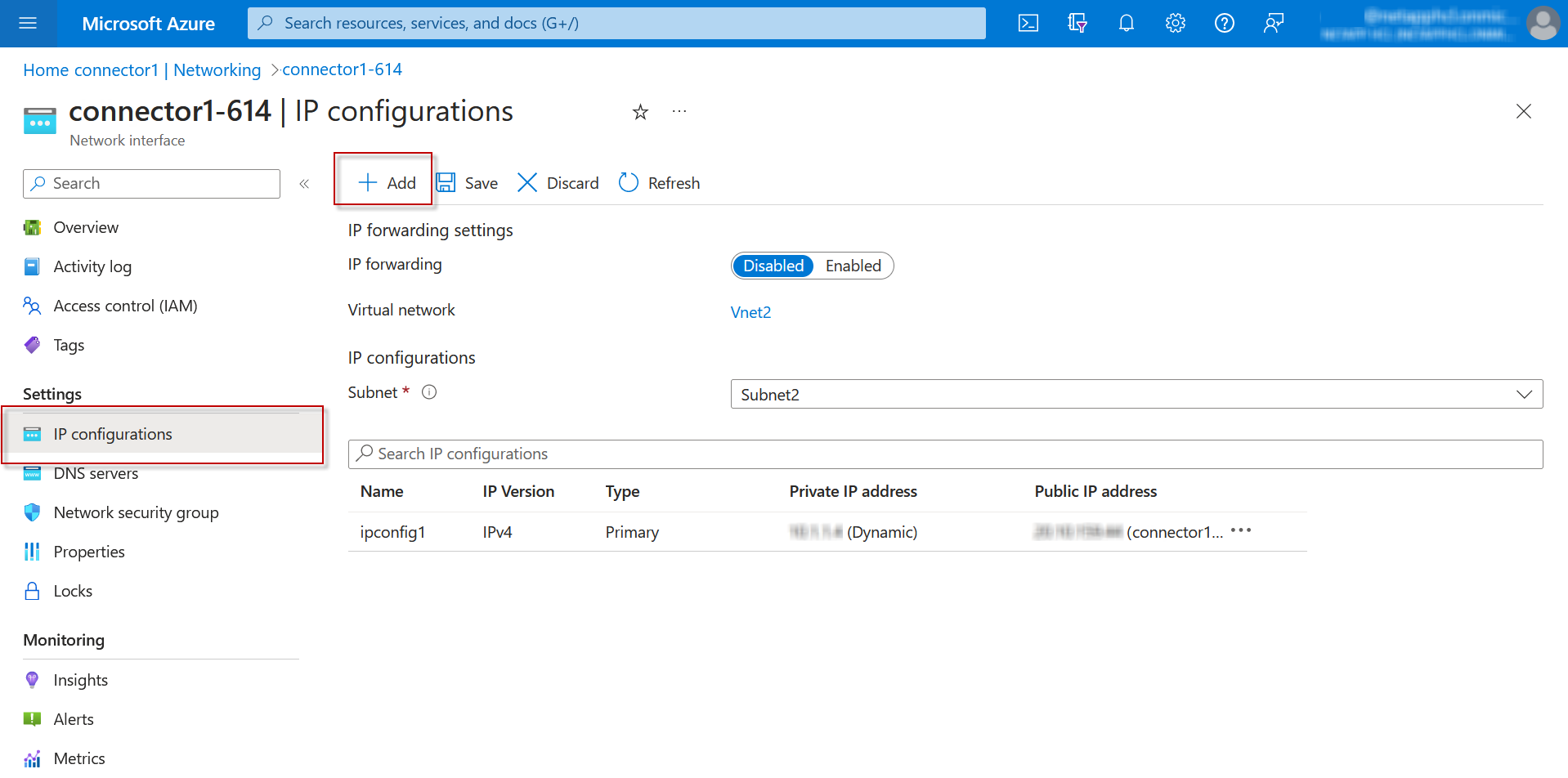 Uma captura de tela da página de configurações IP no portal do Azure