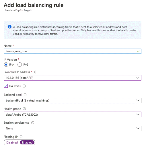 Uma captura de tela da adição de uma regra de balanceamento de carga no portal do Azure com os campos mostrados acima.