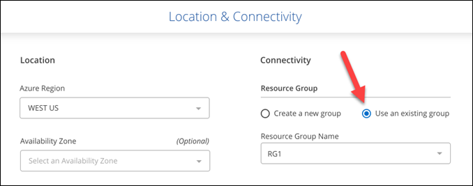 Uma captura de tela do assistente criar ambiente de trabalho onde você pode selecionar um grupo de recursos existente.