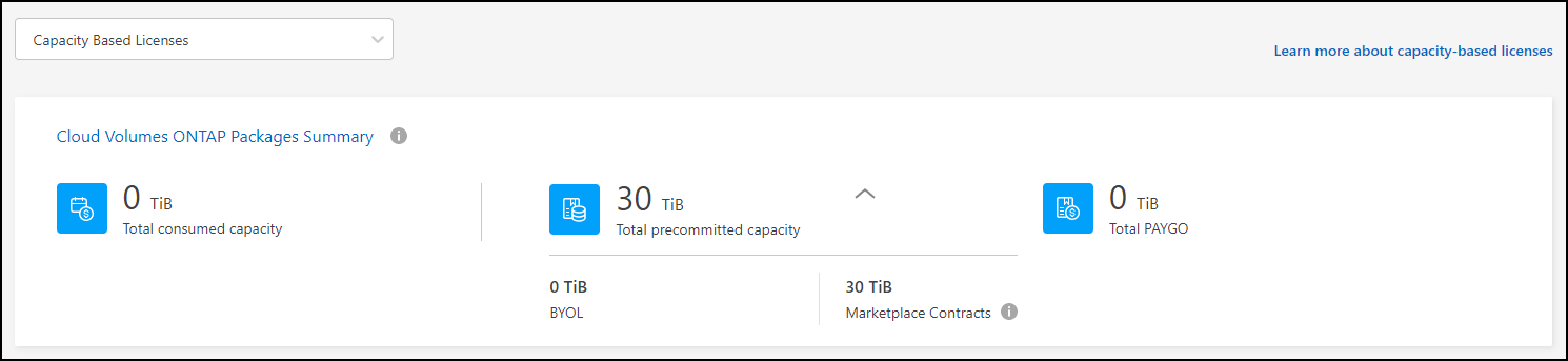 Uma captura de tela que mostra um resumo dos pacotes do Cloud Volumes ONTAP, incluindo a capacidade total consumida, a capacidade total pré-comprometida (contratos BYOL e Marketplace) e a capacidade total do PAYGO ou provisionada na carteira digital da BlueXP .