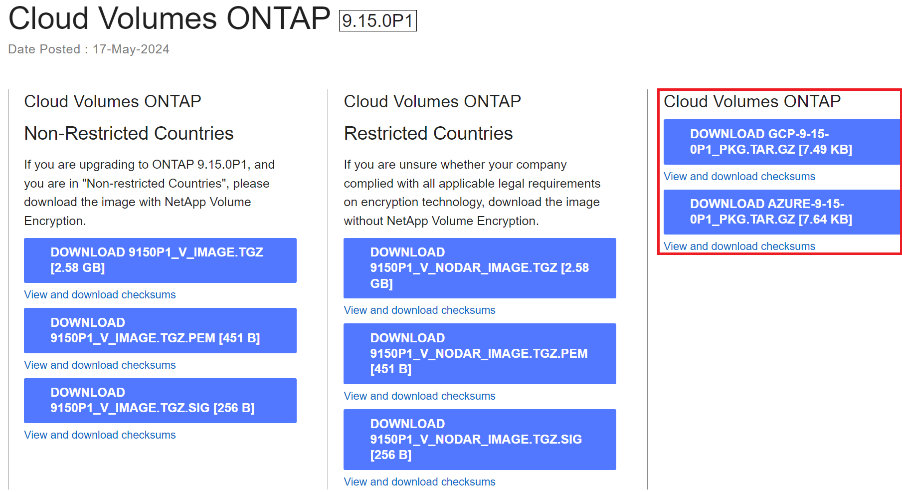 imagens de Cloud Volumes ONTAP tar.gz