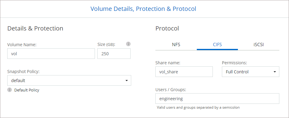 Captura de tela: Mostra a página volume preenchida para uma instância do Cloud Volumes ONTAP.