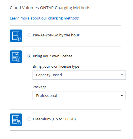 Uma captura de tela do assistente do ambiente de trabalho do Cloud Volumes ONTAP, onde você pode escolher um método de carregamento.