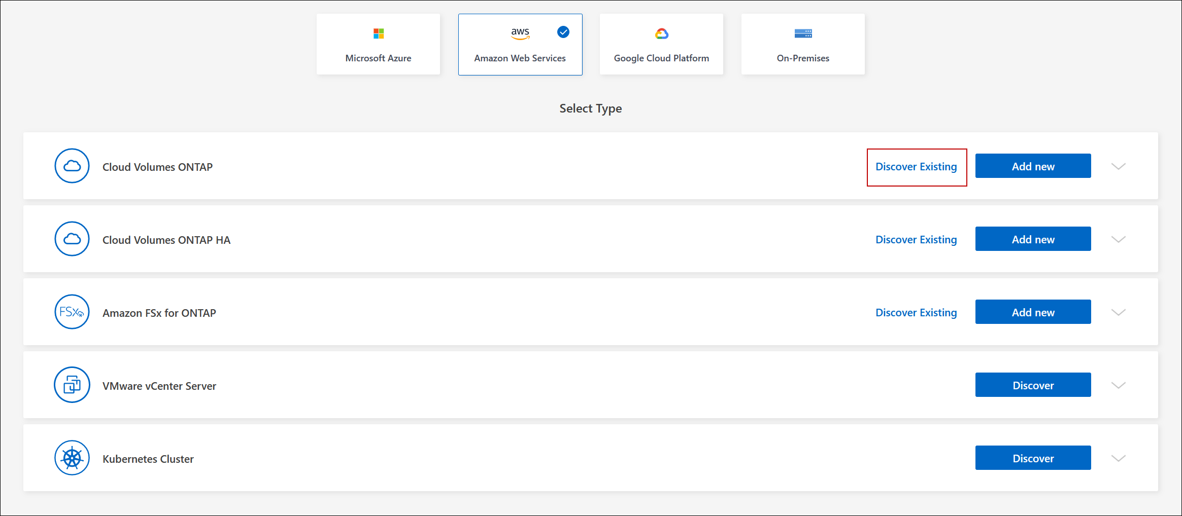 Uma captura de tela que mostra um link para descobrir um sistema Cloud Volumes ONTAP existente.