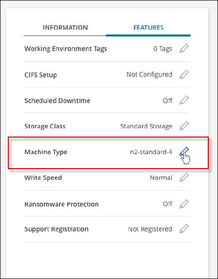 Uma captura de tela que mostra a configuração tipo de máquina no painel recursos disponível no canto superior direito da página Visão geral ao visualizar um ambiente de trabalho.