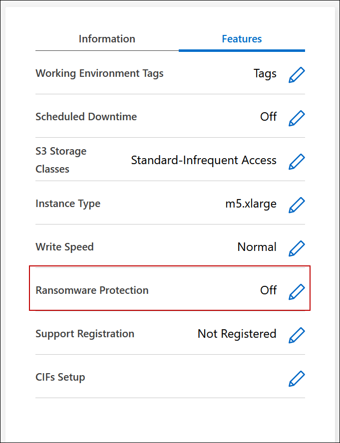 Uma captura de tela que mostra a configuração proteção contra ransomware no painel recursos disponível no canto superior direito da página Visão geral ao visualizar um ambiente de trabalho.