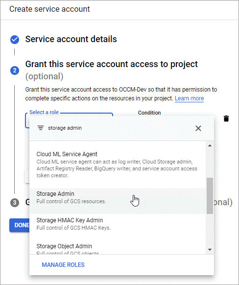 Uma captura de tela do console do IAM do GCP que mostra a seleção da função Administrador do storage para uma conta de serviço.