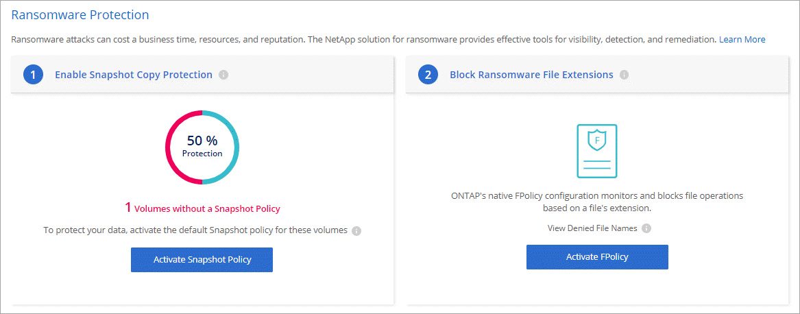 Uma captura de tela que mostra a página de proteção contra ransomware que está disponível em um ambiente de trabalho. A tela mostra o número de volumes sem uma Política Snapshot e a capacidade de bloquear extensões de arquivos de ransomware.