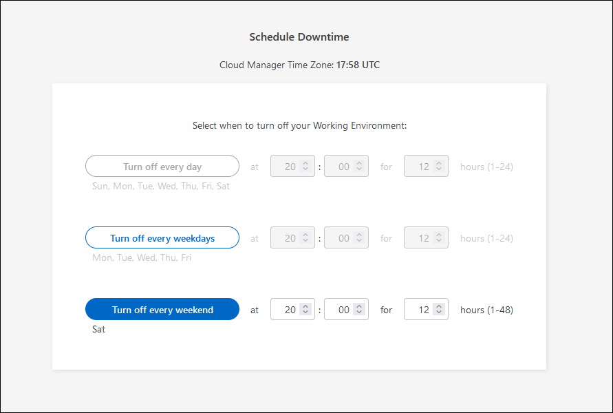 Captura de ecrã: Apresenta o ecrã Schedule Downtime (tempo de inatividade de programação).