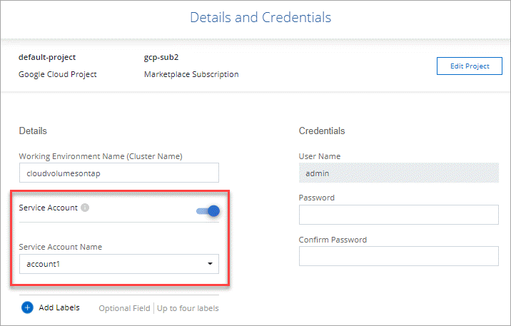 Uma captura de tela da página Detalhes e credenciais, onde você pode habilitar uma conta de serviço para o Cloud Volumes ONTAP.