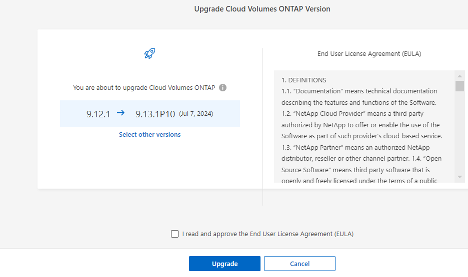 Uma captura de tela da página Atualização da versão do Cloud Volumes ONTAP.