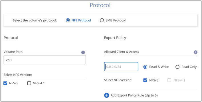 Uma captura de tela que mostra a página de volume preenchida para um volume NFS Cloud Volumes Service.