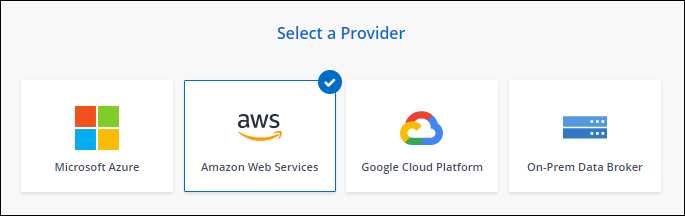 Uma captura de tela da página Data Broker que permite escolher entre um agente de dados AWS, Azure, Google Cloud e no local.