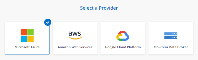 Uma captura de tela da página Data Broker que permite escolher entre um agente de dados AWS, Azure, Google Cloud e no local.