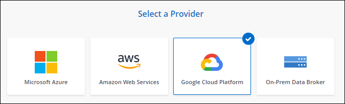 Uma captura de tela da página Data Broker que permite escolher entre um agente de dados AWS, Azure, Google Cloud e no local.