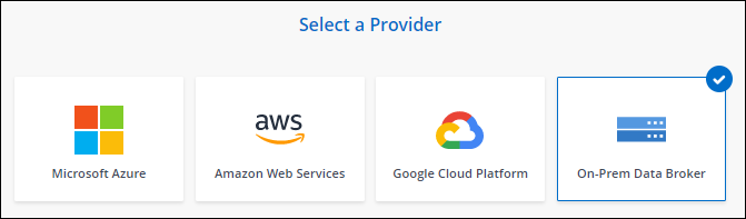 Uma captura de tela da página Data Broker que permite escolher entre um agente de dados AWS, Azure, Google Cloud e no local.