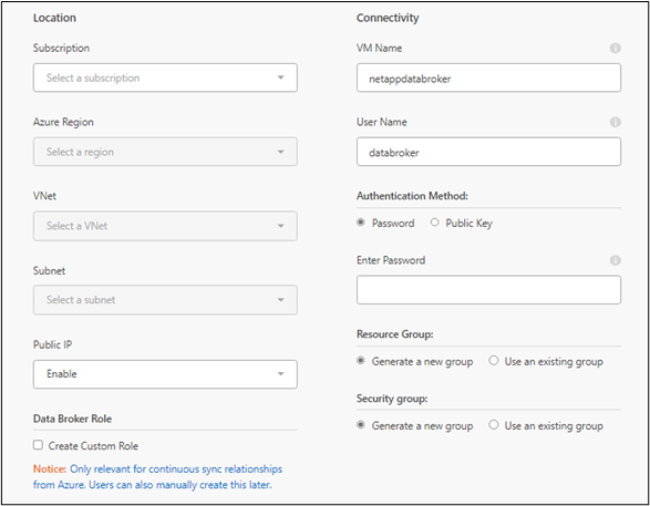 Uma captura de tela da página de implantação do Azure que mostra os seguintes campos: Assinatura, região do Azure, VNet, Sub-rede, Nome da VM, Nome do Usuário, método de autenticação e Grupo de recursos.