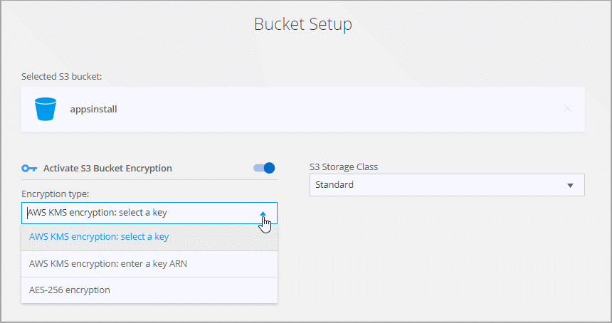 Esta captura de tela mostra a página Configuração do balde que permite escolher Sim ou não para criptografia e selecionar uma classe de armazenamento S3 específica para os dados sincronizados.