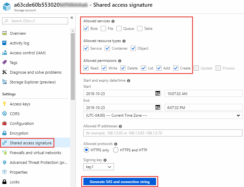 Mostra uma assinatura de acesso compartilhado, que está disponível no portal do Azure selecionando uma conta de armazenamento e selecionando assinatura de Acesso compartilhado.