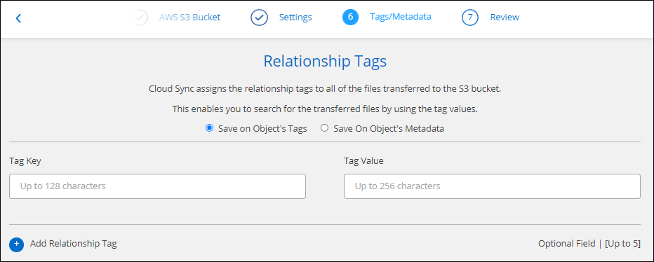 Uma captura de tela que mostra a página Tags/metadados ao criar uma relação de sincronização com o Amazon S3.