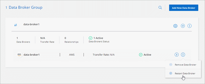 Uma captura de tela que mostra a ação Reiniciar Data Broker na página Gerenciar Data Brokers.