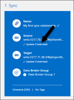 Uma captura de tela que mostra a opção Atualizar credenciais na página Sincronizar relacionamentos logo abaixo do nome da origem ou destino.