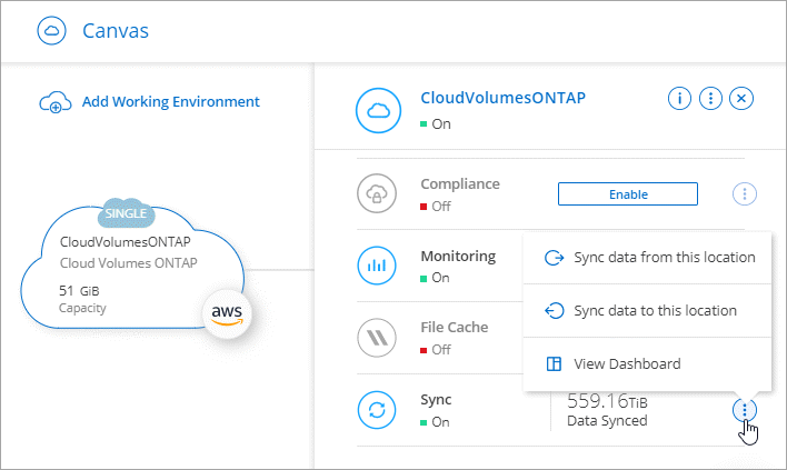 Uma captura de tela que mostra as ações disponíveis no menu Sincronizar depois de selecionar um ambiente de trabalho.