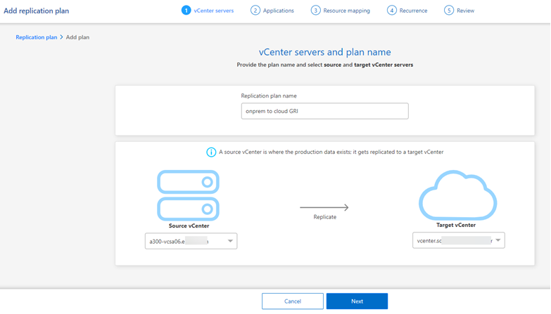 Captura de ecrã que mostra a página Adicionar plano de replicação > Adicionar plano