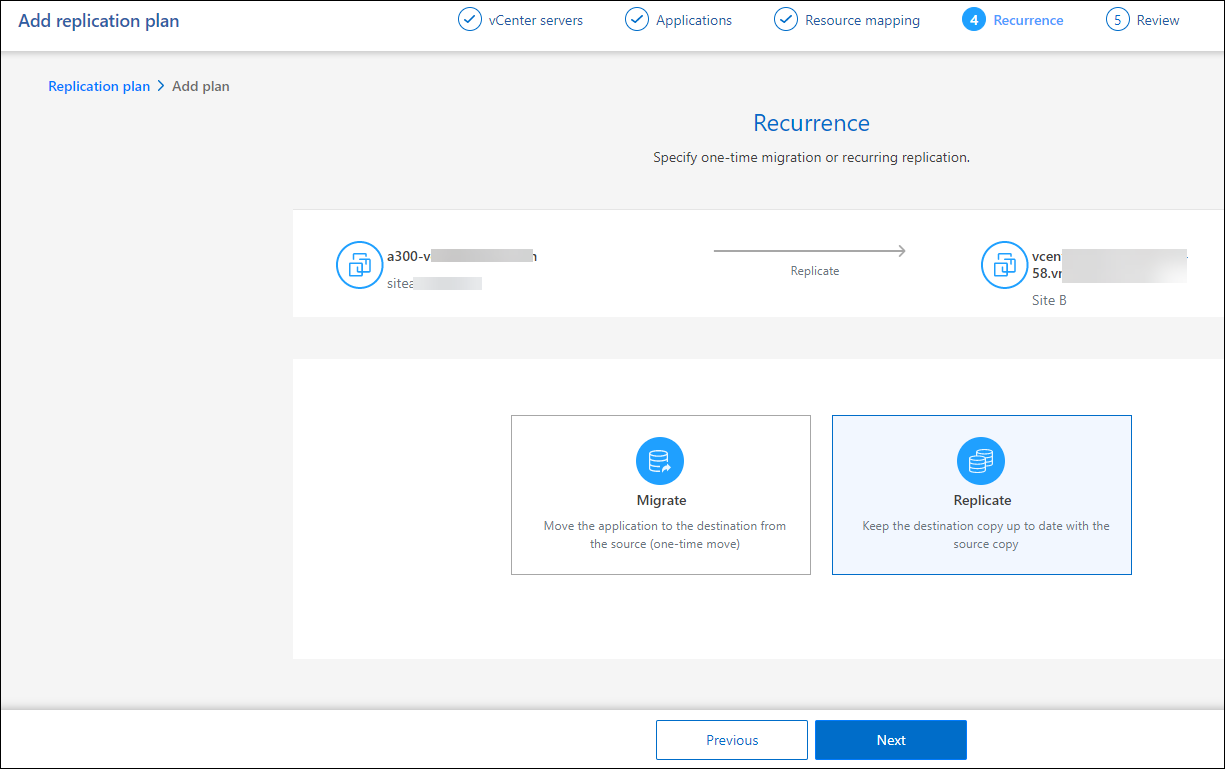 Captura de ecrã que mostra Adicionar plano de replicação > recorrência