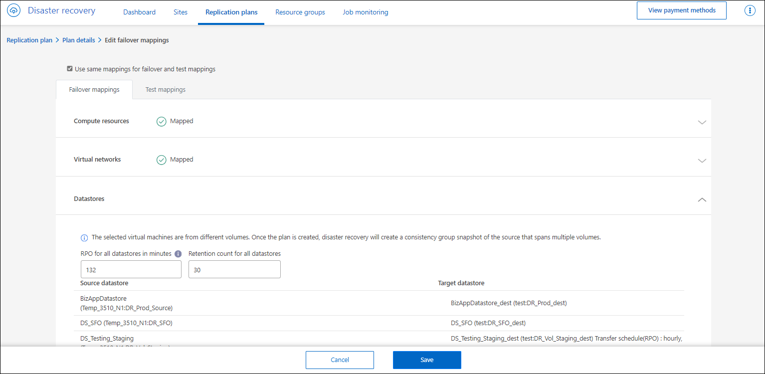 Editar mapeamentos de failover página