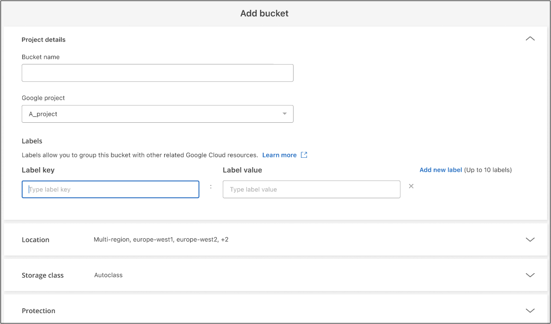 Uma captura de tela mostrando a página Adicionar balde para que você possa criar seu próprio bucket do Google Cloud Storage.