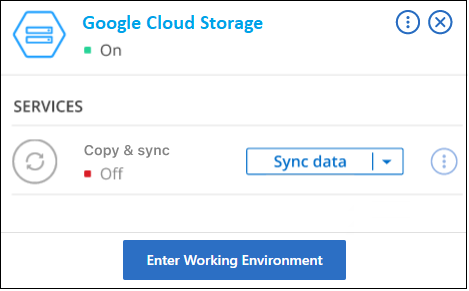 Uma captura de tela que mostra o painel ações depois de selecionar um ambiente de trabalho do Google Cloud Storage. O painel mostra o número total de buckets e ações disponíveis.