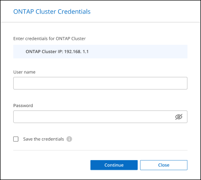 Uma captura de tela que mostra o prompt para inserir o nome de usuário e a senha de um cluster do ONTAP.