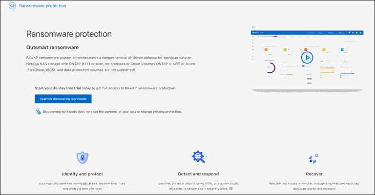 Captura de tela da página inicial para proteção contra ransomware BlueXP 