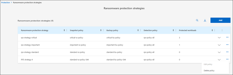 Tela de estratégias de proteção contra ransomware mostrando uma lista de estratégias