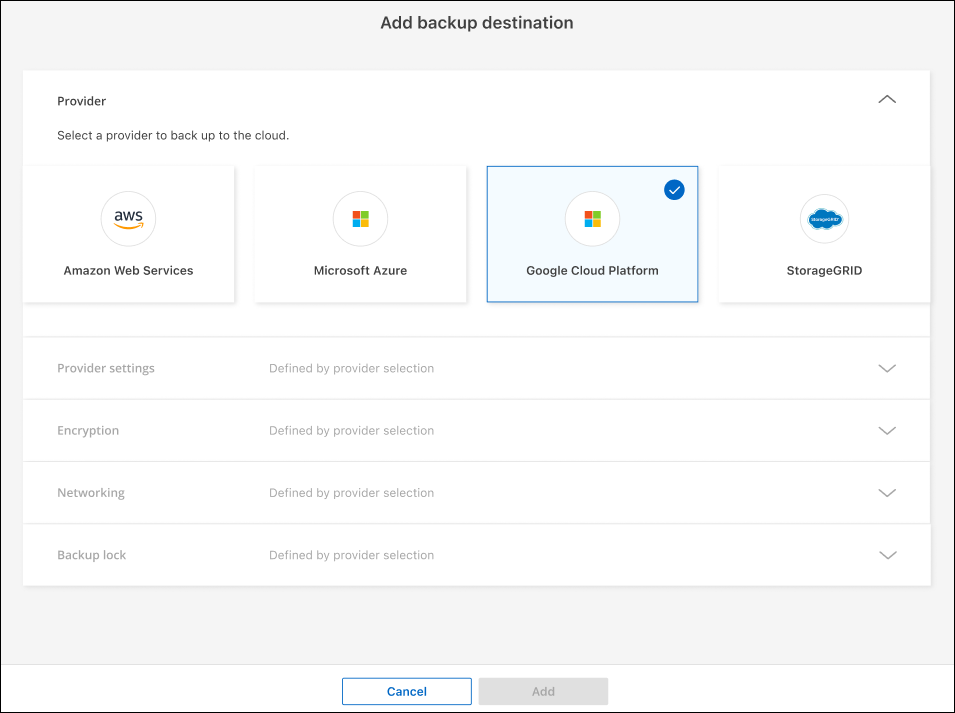 Página de destinos de backup