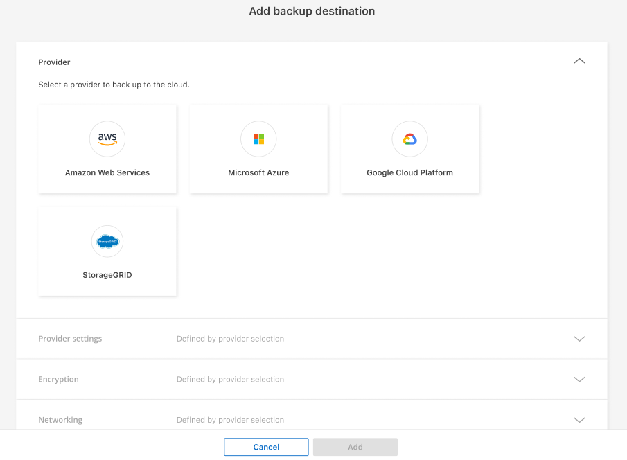 Página de destinos de backup